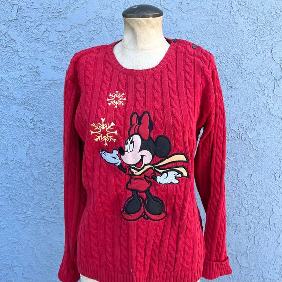 Vintage Minnie Mouse Christmas Sweaterin Red Winter Cableknit Womens Medium - Picture 1 of 6